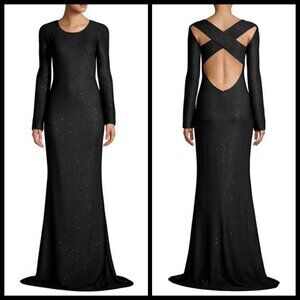 💕ST. JOHN💕 Long-Sleeve Cross-Back Links Sequin Knit Evening Gown Black 10 NWOT